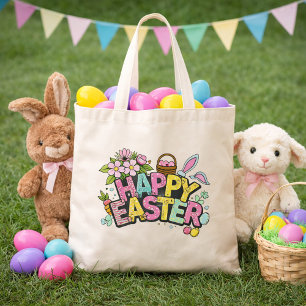Bolsa Tote Arte Alegre de Páscoa com Orelhas de Coelho e Flor