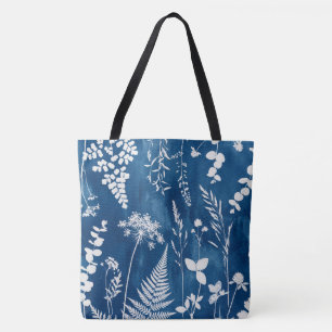 Bolsa Tote Arte Botânica de Samambaia em Azul Cianotipia Índi