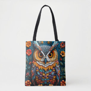 Bolsa Tote Arte Colorida de Coruja com Detalhe Intricado