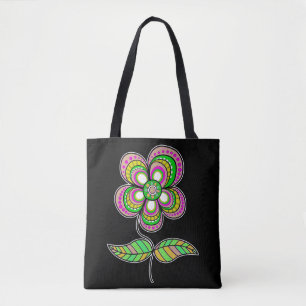 Bolsa Tote Arte Colorida de Flor Psicodélica Vintage