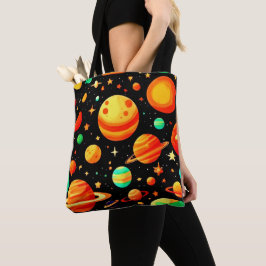 Bolsa Tote Arte Cósmico de Desenho Animado em Tons Quentes