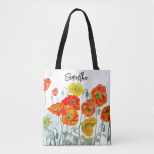 Bolsa Tote Arte de Aquarela de Papoula Laranja Vermelho Amare