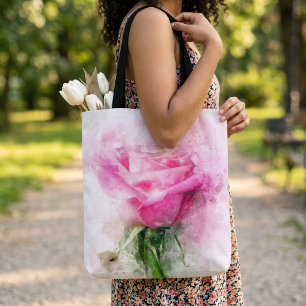 Bolsa Tote Arte de Aquarela de Rosa Rosa em Fundo Branco