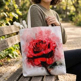 Bolsa Tote Arte de Aquarela de Rosa Vermelha em Fundo Branco