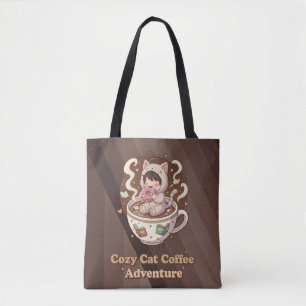 Bolsa Tote Arte de Aventura de Café do Gato Aconchegante