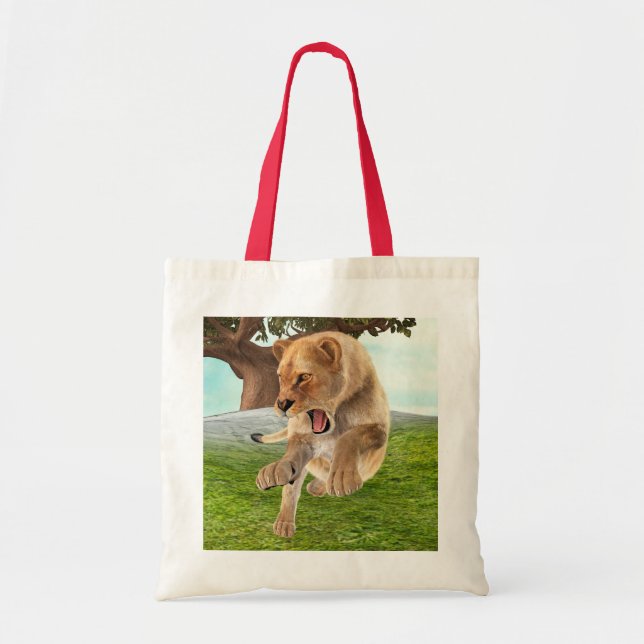 Bolsa Tote Arte de Aventura na Selva com Leoa Feroz (Frente)