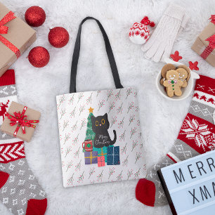 Bolsa Tote Arte de Café Gato Preto Fofo Natal Festivo