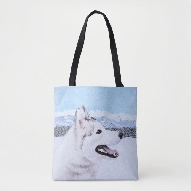 Bolsa Tote Arte de Cão Siberiana (Prata e Branca) (Frente)