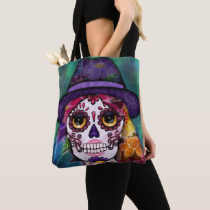 Bolsa Tote Arte de Caveira Psicodélica Floral Hippie Whimsigo