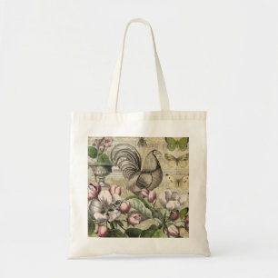 Bolsa Tote Arte de Colagem de Jardim com Galo Vintage: País F