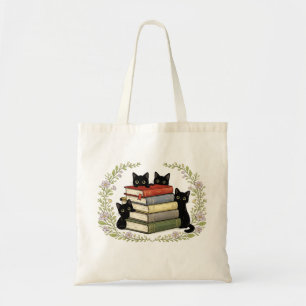 Bolsa Tote Arte de Coroa Botânica de Pilha de Livros de Gato