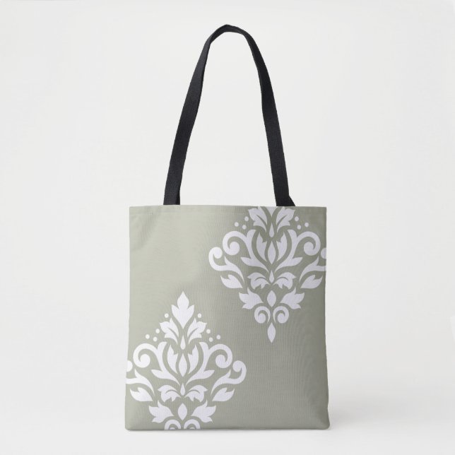 Bolsa Tote Arte de Damasco em Branco sobre Verde (Frente)