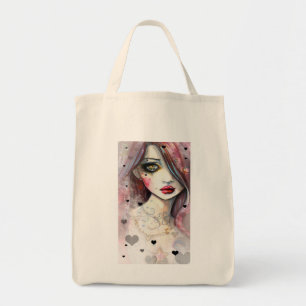 Bolsa Tote Arte de Fantasia Gótica Menina com Corações