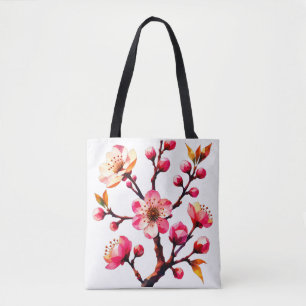 Bolsa Tote Arte de Flor de Cerejeira Poligonal