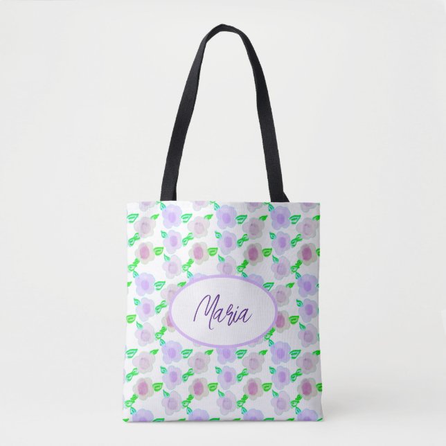 Bolsa Tote Arte de Flor de Cores Aquáticas Roxas (Frente)