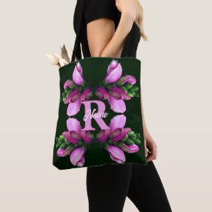 Bolsa Tote Arte de Flor Rosa com Inicial de Nome Monograma Pe