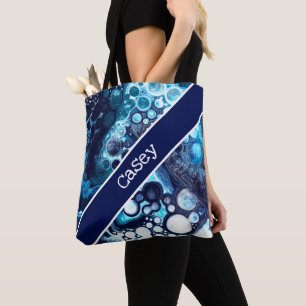 Bolsa Tote Arte de Fluido Marble Personalizada Azul e Branco