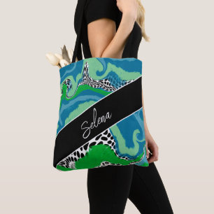Bolsa Tote Arte de Fluido Verde Azul e Sage Personalizada