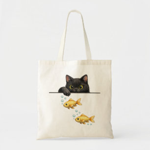 Bolsa Tote Arte de Gato Preto Fofo Espiando Peixes Dourados