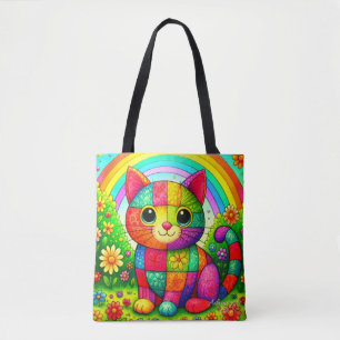 Bolsa Tote Arte de Gato Xadrez Arco-Íris