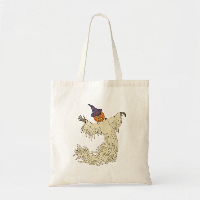 Bolsa Tote Arte de Halloween do Fantasma de Cabeça de Abóbora (Frente)