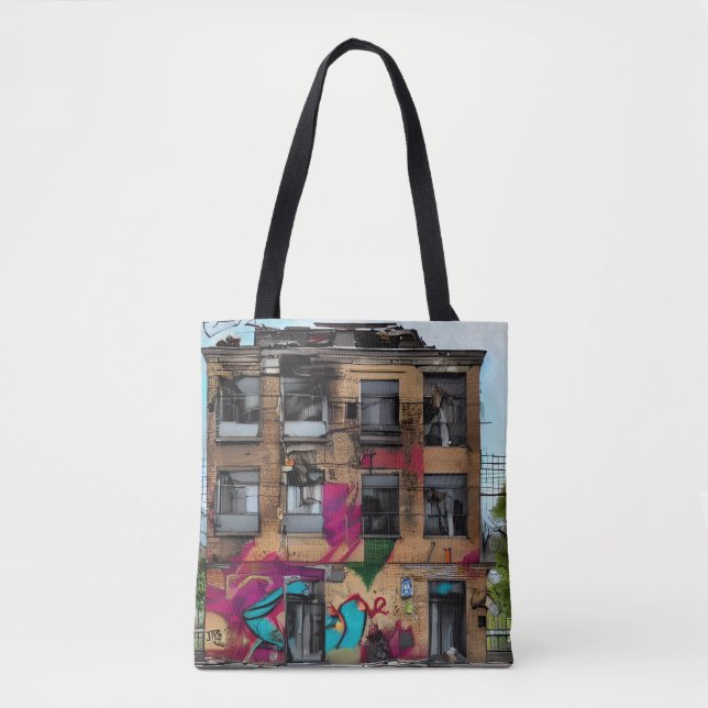 Bolsa Tote Arte de IA Abstrata de Edifício Abandonado (Frente)
