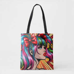 Bolsa Tote Arte de IA de Menina de Quadrinhos Colorida da Pop