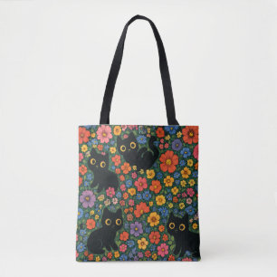 Bolsa Tote Arte de Jardim Kawaii Padrão Floral de Gato Pret