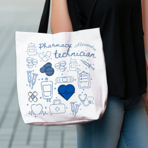 Bolsa Tote Arte de Linha de Dodle Azul do Técnico de Farmácia
