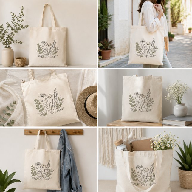 Bolsa Tote Arte de Linha de Flores Silvestres Botânicas (Criador carregado)