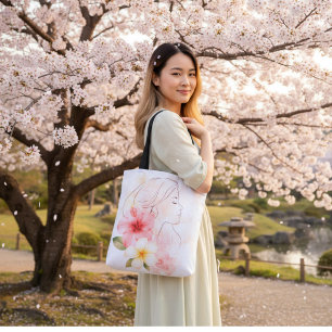 Bolsa Tote Arte de Linha Elegante Mulher com Flores Tropicais