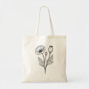 Bolsa Tote Arte de Linha Flor Botânica de Papoula