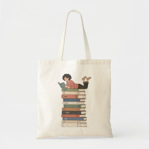Bolsa Tote Arte de Menina Fofa Lendo Pilha de Livros