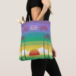 Bolsa Tote Arte de Monograma de Palmeiras do Pôr do Sol Roxo