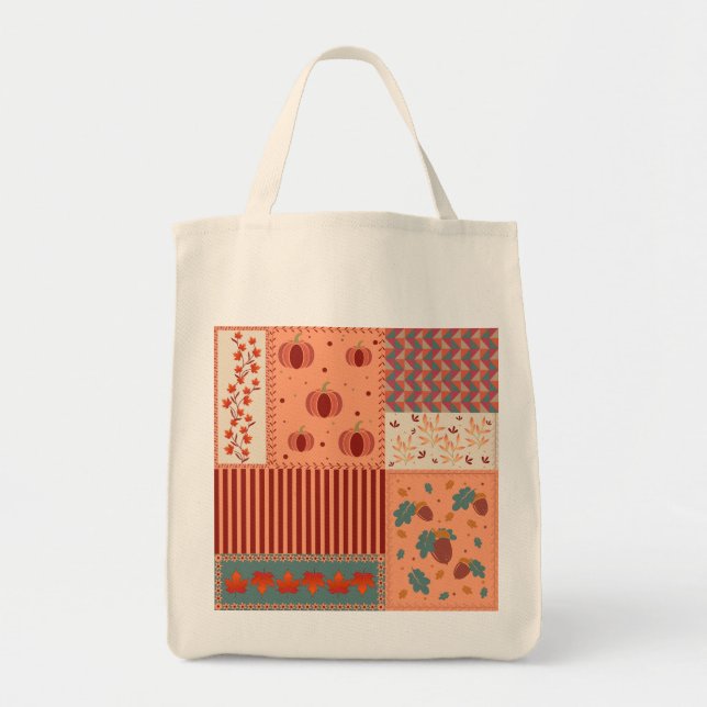 Bolsa Tote Arte de Patchwork de Folha de Outono e Bolota (Frente)