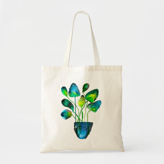 Bolsa Tote Arte de planta em aquarela abstrata verde e azul (Frente)