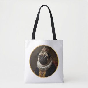 Bolsa Tote Arte de Pug Bege Inspirada em Retrato de Rainha do