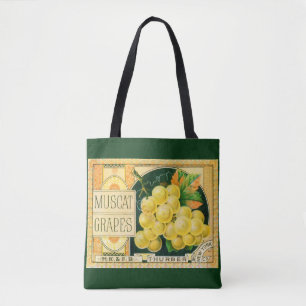 Bolsa Tote Arte de rótulo de caixa de frutas vintage, uvas Mu