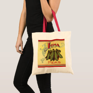 Bolsa Tote Arte de rótulo de lata de legumes vintage, Ervilha