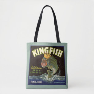 Bolsa Tote Arte de rótulo de lata de produto antigo, Kingfish