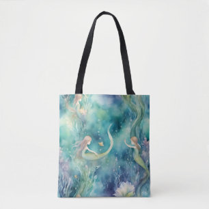 Bolsa Tote arte de sereias em aquarela