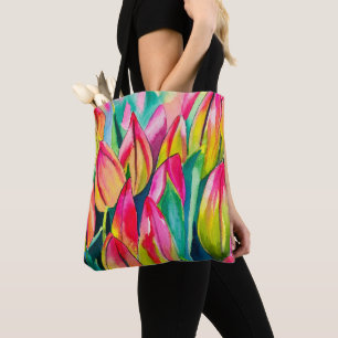 Bolsa Tote Arte de tulipas de aquarela rosa