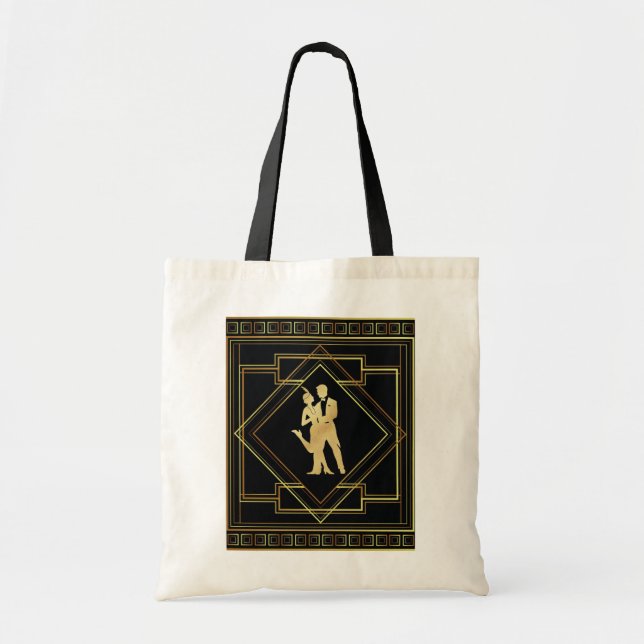Bolsa Tote Arte Deco flapper preto e ouro (Frente)