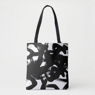 Bolsa Tote Arte Dourada Luxuosa: Traço Preto Abstrato.
