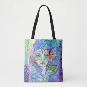 Bolsa Tote Arte em aquarela fantasia de sereia e sapo