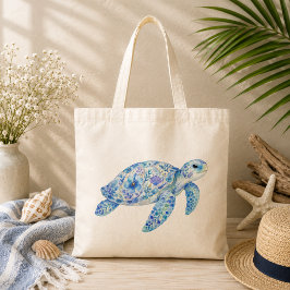 Bolsa Tote Arte em Cerâmica Tema Floral Tartaruga Marinha