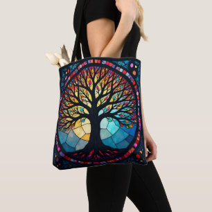 Bolsa Tote Arte em Vidro Colorido, Árvore da Vida em Vidro Co