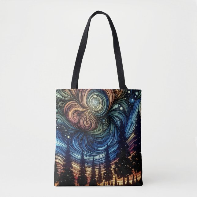 Bolsa Tote Arte Etéreo Místico com Árvores e Céu Noturno  (Frente)