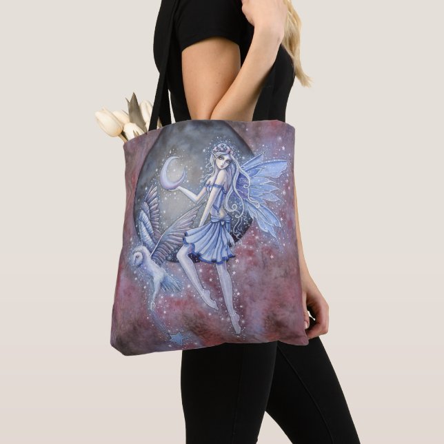 Bolsa Tote Arte Fantástica de Fada Mágica e Coruja (Close Up)