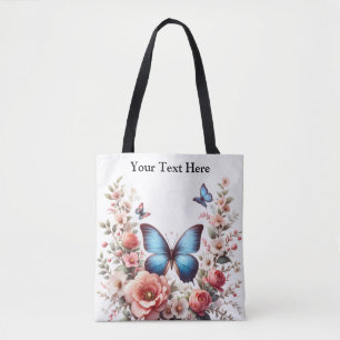 Bolsa Tote Arte Floral de Borboleta Azul Personalizável-96279